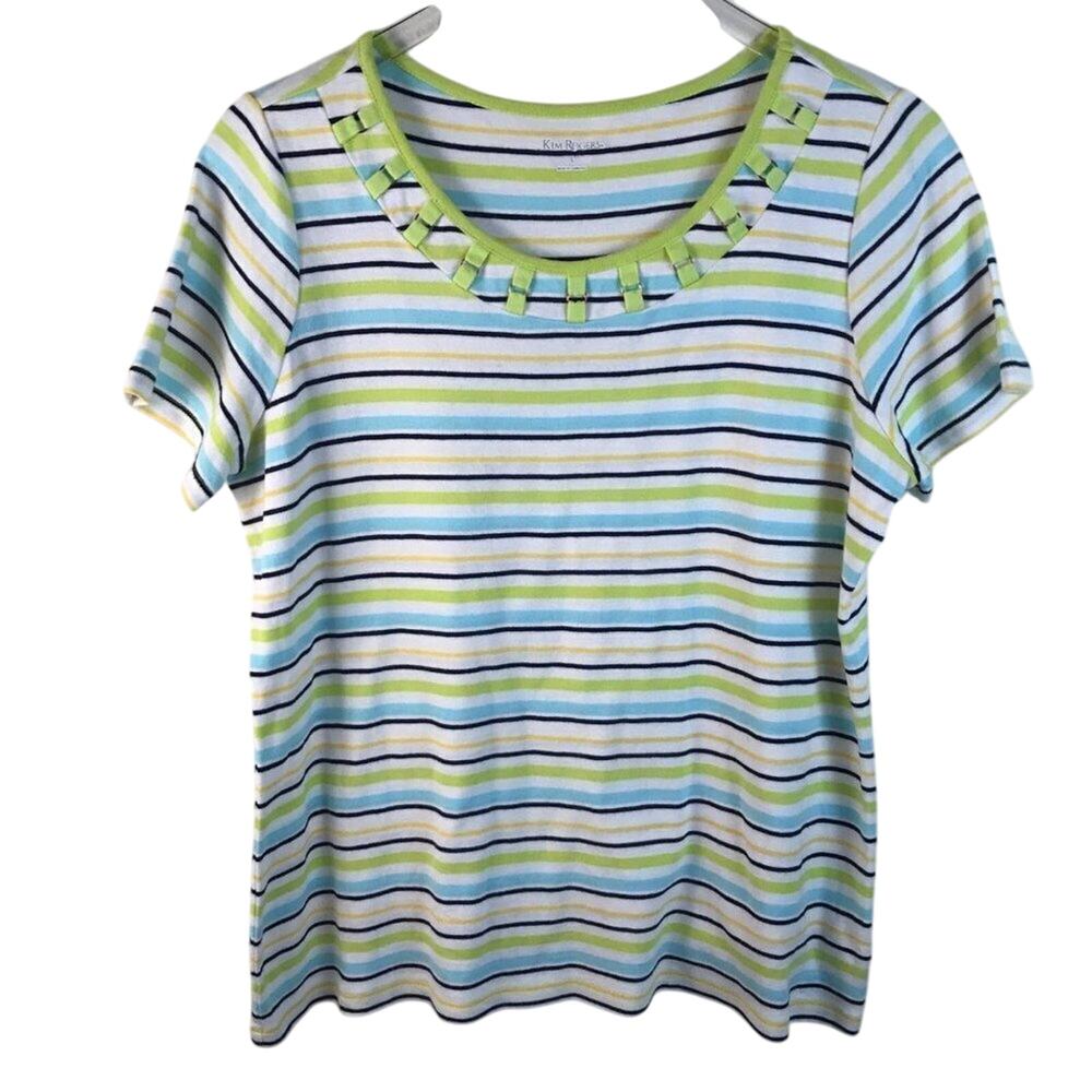 Kim Rogers Stripe Knit Top Neckline Accents Size Large